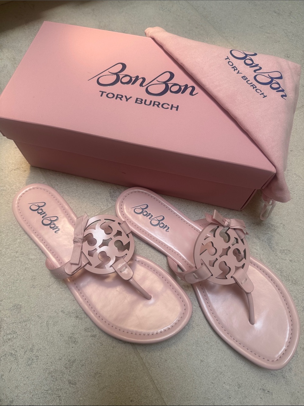 Tory Burch BonBon Pale Pink Logo Thong Sandals